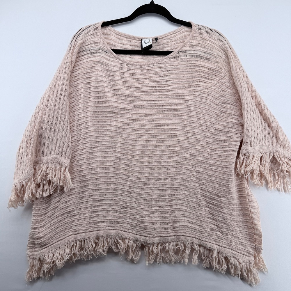 Anthropologie Akemi + Kin Pink Open Knit Fringe Poncho Sweater Top‎ XS